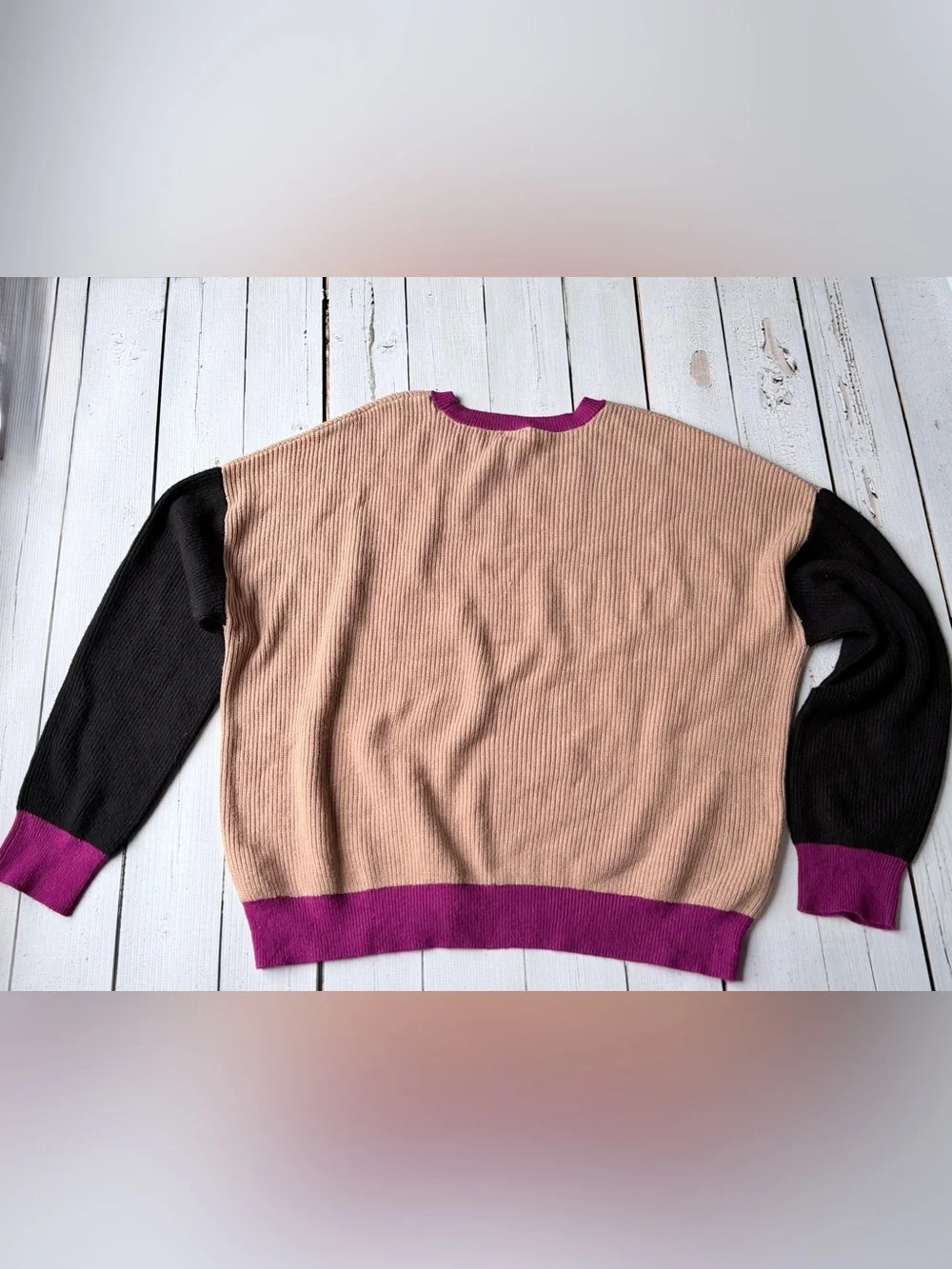 Express Colorblock Crewneck Sweater in Beige, Black & Magenta